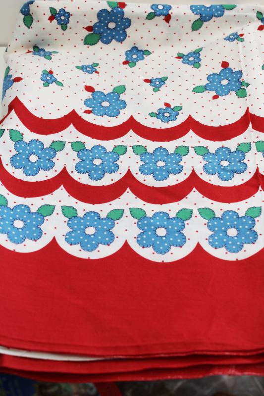 photo of vintage cotton fabric w/ border print, red & blue scallops dotted flowers #7