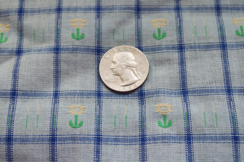 photo of vintage cotton fabric, chambray blue w/ woven checks and green & white daisy pattern  #2