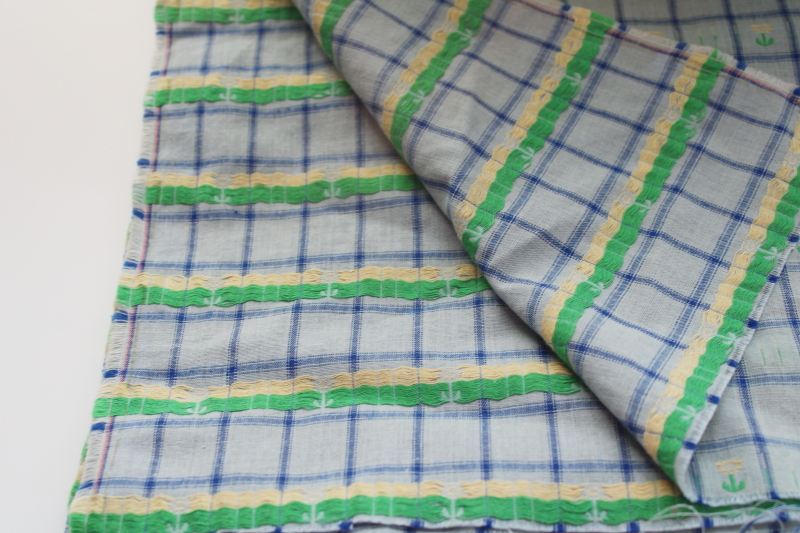 photo of vintage cotton fabric, chambray blue w/ woven checks and green & white daisy pattern  #3