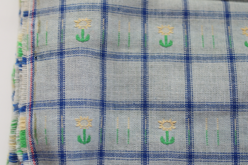 photo of vintage cotton fabric, chambray blue w/ woven checks and green & white daisy pattern  #4