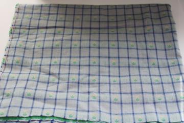 catalog photo of vintage cotton fabric, chambray blue w/ woven checks and green & white daisy pattern 