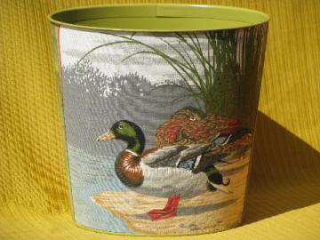 catalog photo of vintage cotton fabric covered metal wastebasket, mallard ducks print