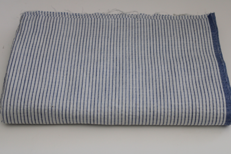 photo of vintage cotton fabric, crinkle texture seersucker or plisse, narrow blue stripe on white #1