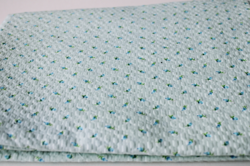 photo of vintage cotton fabric, crinkle texture soft light plisse w/ rosebud print on pale aqua #1