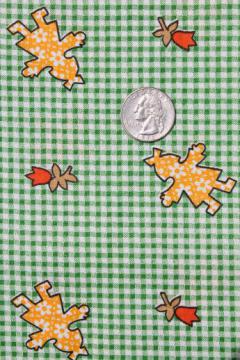 catalog photo of vintage cotton fabric w/ cutout paper dolls print on green & white gingham