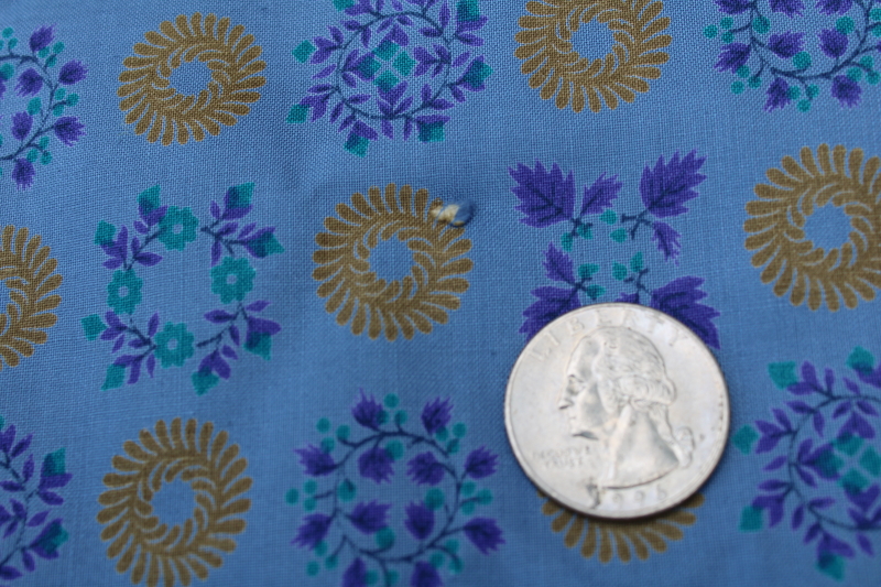 photo of vintage cotton fabric, deep dusk blue w/ lavender flowers, laurel wreaths print french country style  #4