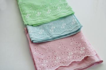 catalog photo of vintage cotton fabric w/ eyelet border, petticoat yardage pastel green, blue, pink