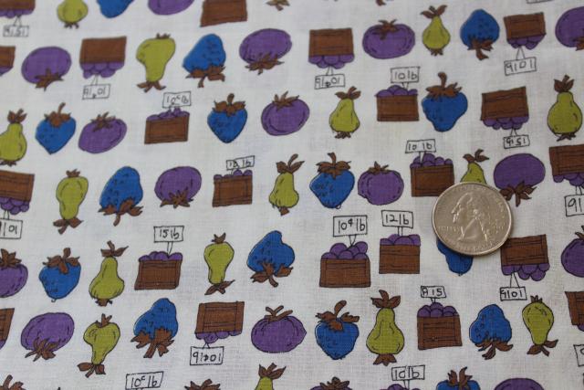 photo of vintage cotton fabric farm stand fruit crates vegetables print blue green purple #1