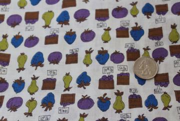 catalog photo of vintage cotton fabric farm stand fruit crates vegetables print blue green purple