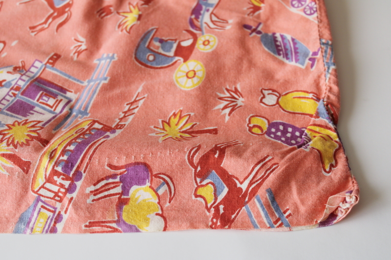 photo of vintage cotton fabric feed sack, 1950s western cowboy print coral pink w/ southwest colors  #2