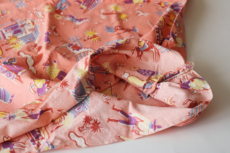 photo of vintage cotton fabric feed sack, 1950s western cowboy print coral pink w/ southwest colors  #3