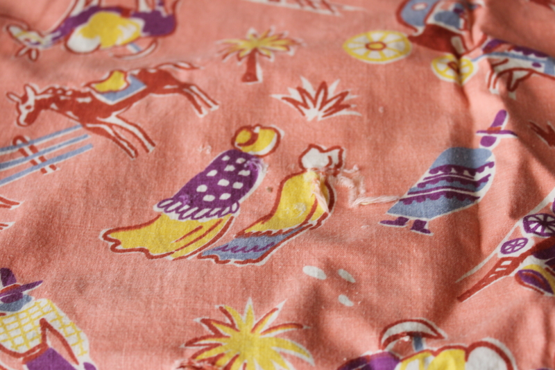 photo of vintage cotton fabric feed sack, 1950s western cowboy print coral pink w/ southwest colors  #4