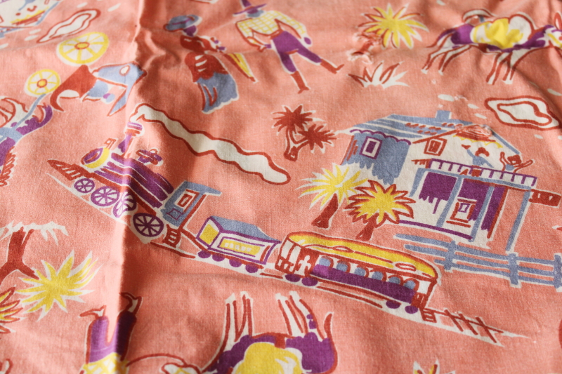 photo of vintage cotton fabric feed sack, 1950s western cowboy print coral pink w/ southwest colors  #5