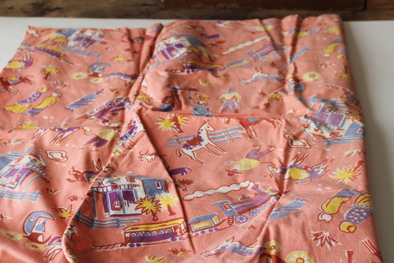 photo of vintage cotton fabric feed sack, 1950s western cowboy print coral pink w/ southwest colors  #6