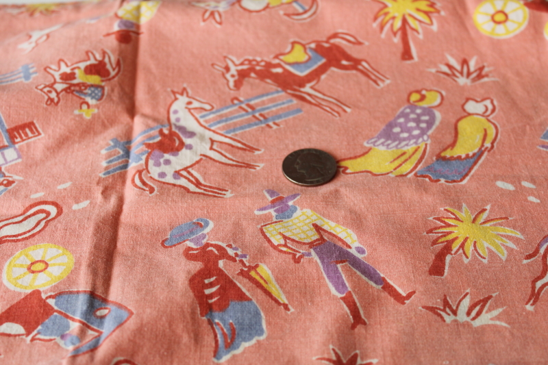 photo of vintage cotton fabric feed sack, 1950s western cowboy print coral pink w/ southwest colors  #7