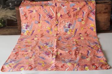 vintage cotton fabric feed sack, 1950s western cowboy print coral pink w/ southwest colors 