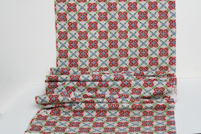 photo of vintage cotton fabric, feed sack weave yardage w/ red, blue, green print #1