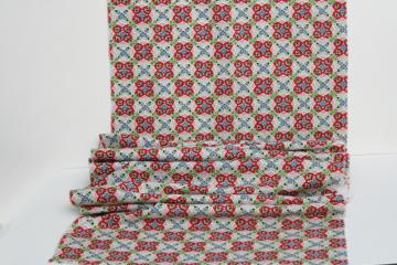 catalog photo of vintage cotton fabric, feed sack weave yardage w/ red, blue, green print