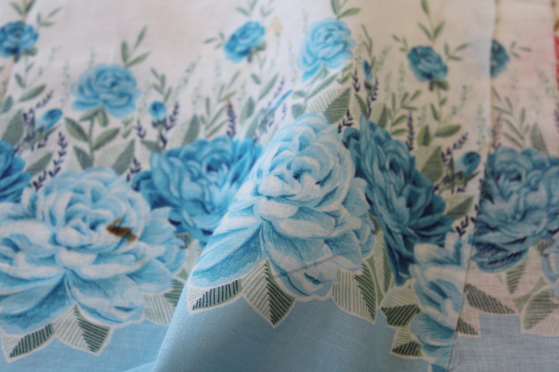 photo of vintage cotton fabric w/ floral border prints, yardage for pillowcases, soft cotton pink & blue #2