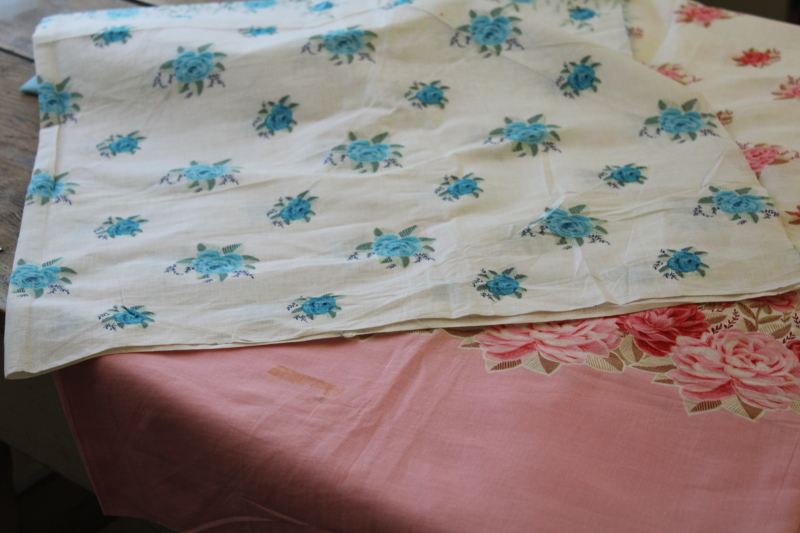 photo of vintage cotton fabric w/ floral border prints, yardage for pillowcases, soft cotton pink & blue #3