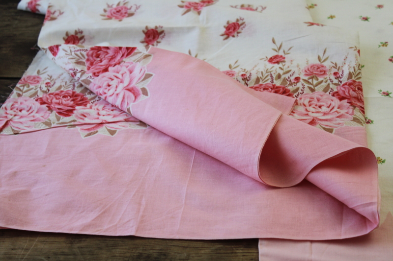 photo of vintage cotton fabric w/ floral border prints, yardage for pillowcases, soft cotton pink & blue #5