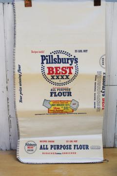 catalog photo of vintage cotton fabric flour sack w/ original paper label Pillsbury advertising graphics