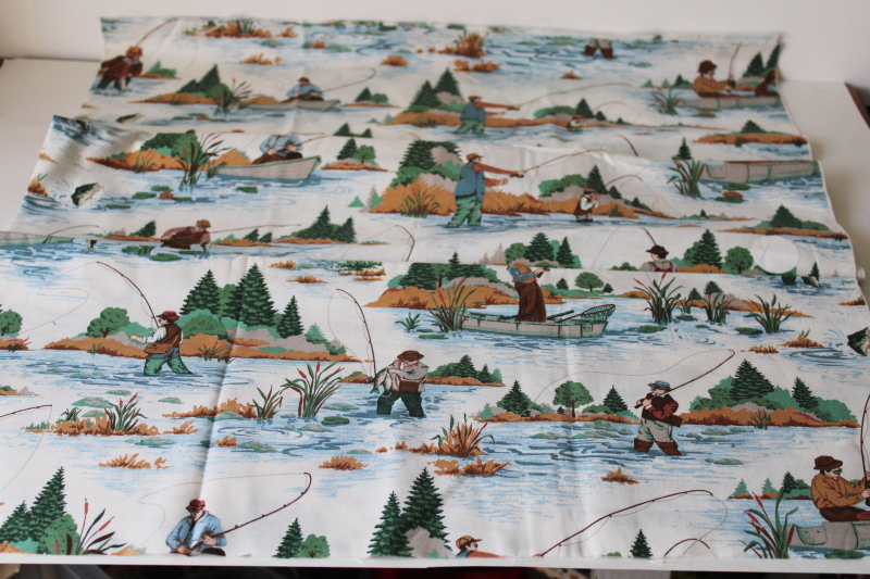 photo of vintage cotton fabric fly fishing fisherman print, LL Bean style sporting outdoorsman  #1
