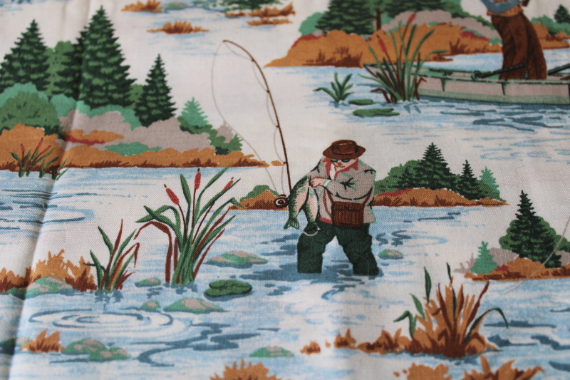 photo of vintage cotton fabric fly fishing fisherman print, LL Bean style sporting outdoorsman  #2