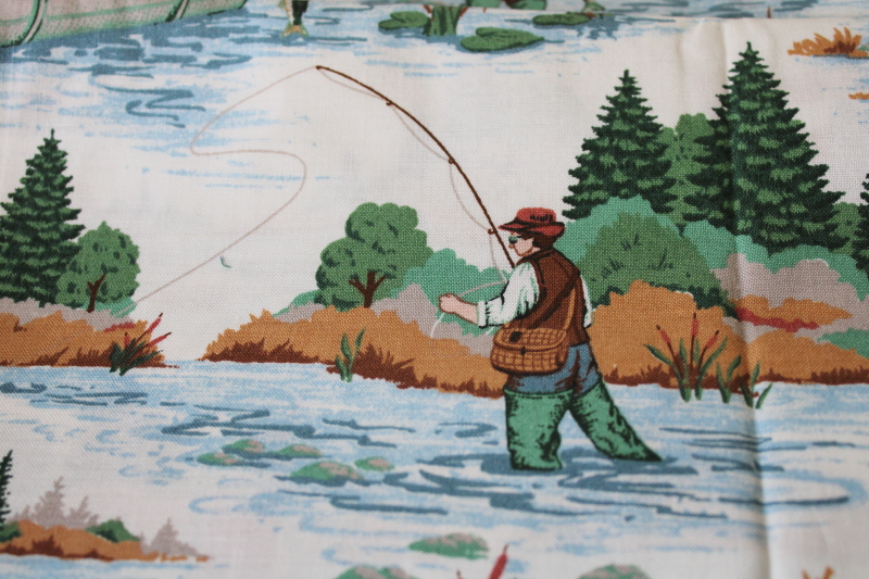 photo of vintage cotton fabric fly fishing fisherman print, LL Bean style sporting outdoorsman  #3