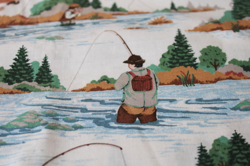 photo of vintage cotton fabric fly fishing fisherman print, LL Bean style sporting outdoorsman  #4