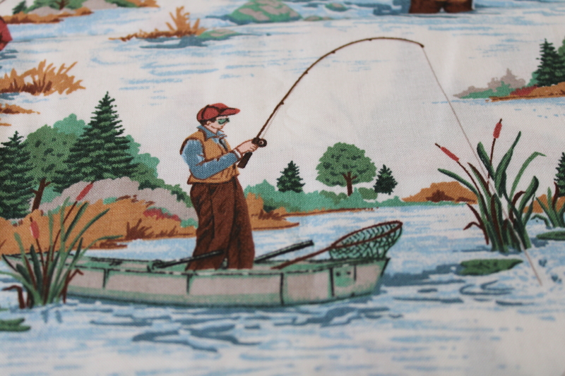 photo of vintage cotton fabric fly fishing fisherman print, LL Bean style sporting outdoorsman  #5