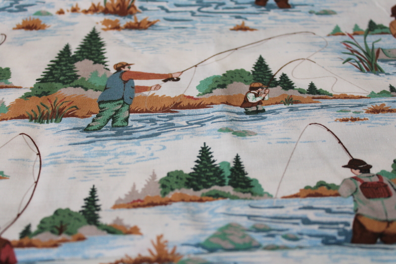 photo of vintage cotton fabric fly fishing fisherman print, LL Bean style sporting outdoorsman  #6