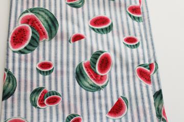 catalog photo of vintage cotton fabric for summer sewing, print ticking stripes w/ watermelons