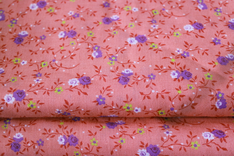 photo of vintage cotton fabric, girly floral lavender on coral pink, 70s 80s Springs Mills #1