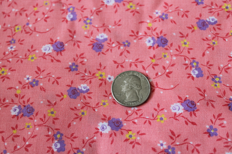 photo of vintage cotton fabric, girly floral lavender on coral pink, 70s 80s Springs Mills #3