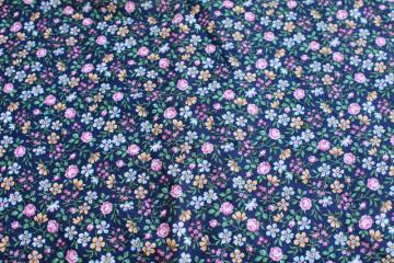 catalog photo of vintage cotton fabric, girly floral print on navy blue retro preppy chick