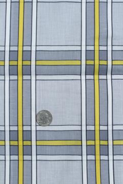 vintage cotton fabric, grey & yellow checked plaid, retro mid century modern