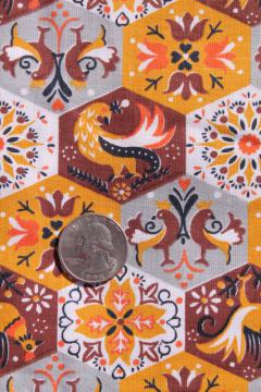 catalog photo of vintage cotton fabric, hexagon blocks hexies cheater patchwork print w/ folk art roosters