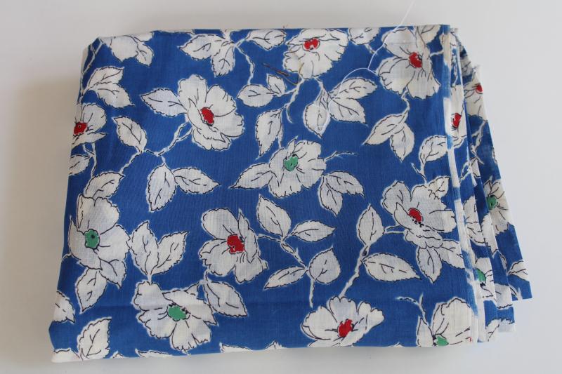 photo of vintage cotton fabric, light fine lawn w/ white floral on deep sky blue #1