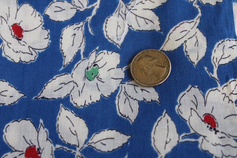 photo of vintage cotton fabric, light fine lawn w/ white floral on deep sky blue #2