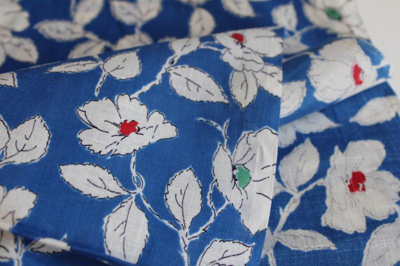 photo of vintage cotton fabric, light fine lawn w/ white floral on deep sky blue #4