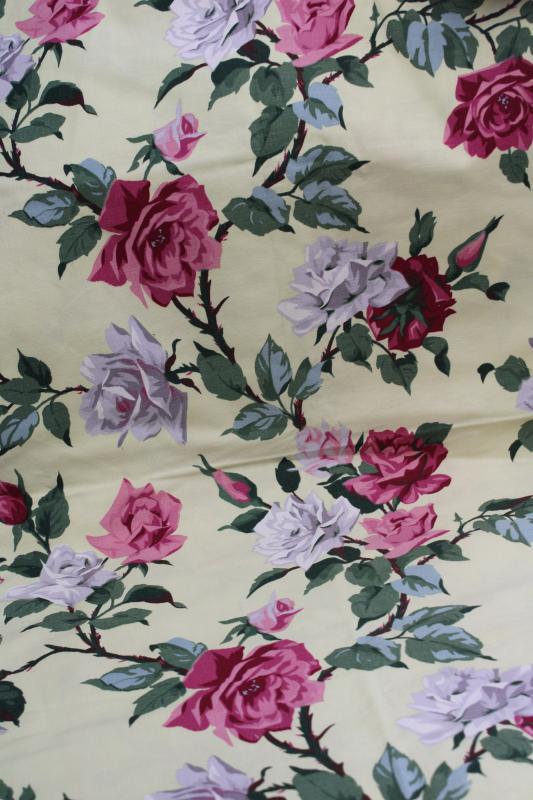 photo of vintage cotton fabric, lightweight canvas w/ paint by number style roses floral #1