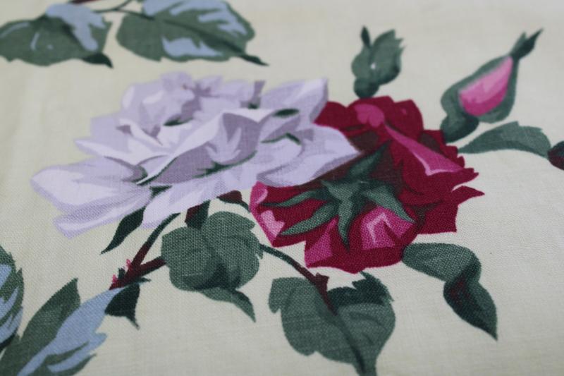 photo of vintage cotton fabric, lightweight canvas w/ paint by number style roses floral #4