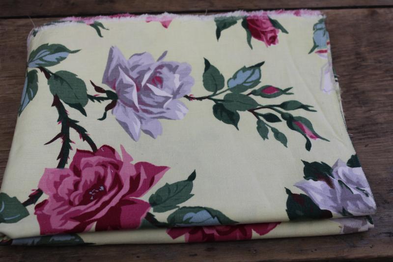 photo of vintage cotton fabric, lightweight canvas w/ paint by number style roses floral #5