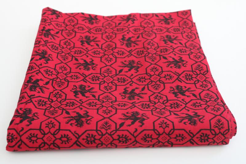 photo of vintage cotton fabric, lion rampant heraldic print red & black Scottish lions? #1