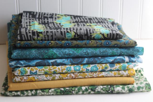 photo of vintage cotton fabric, lot of blue green gold prints for quilting or small projects #1