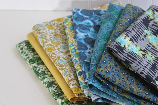 photo of vintage cotton fabric, lot of blue green gold prints for quilting or small projects #3