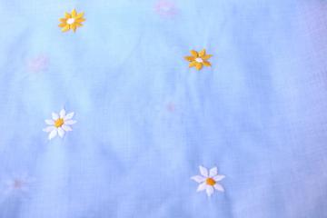 catalog photo of vintage cotton fabric w/ machine embroidery, embroidered daisy flowers on sky blue