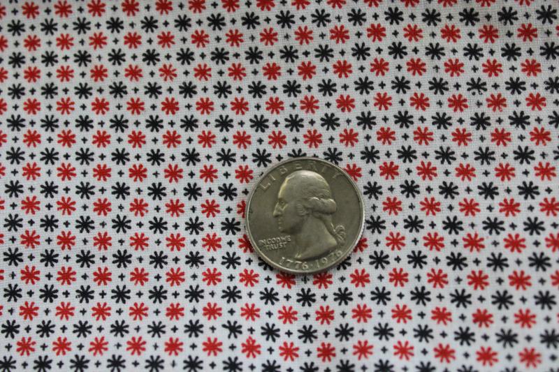 photo of vintage cotton fabric, mid-century mod starbursts tiny print red & black on white #3