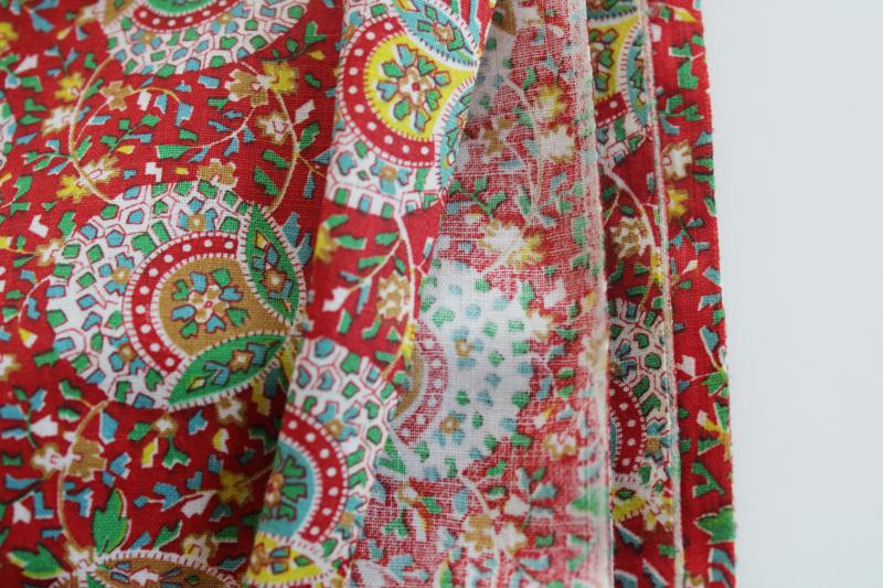 photo of vintage cotton fabric, paisley style vines & flowers print, green, yellow, gold on red #3